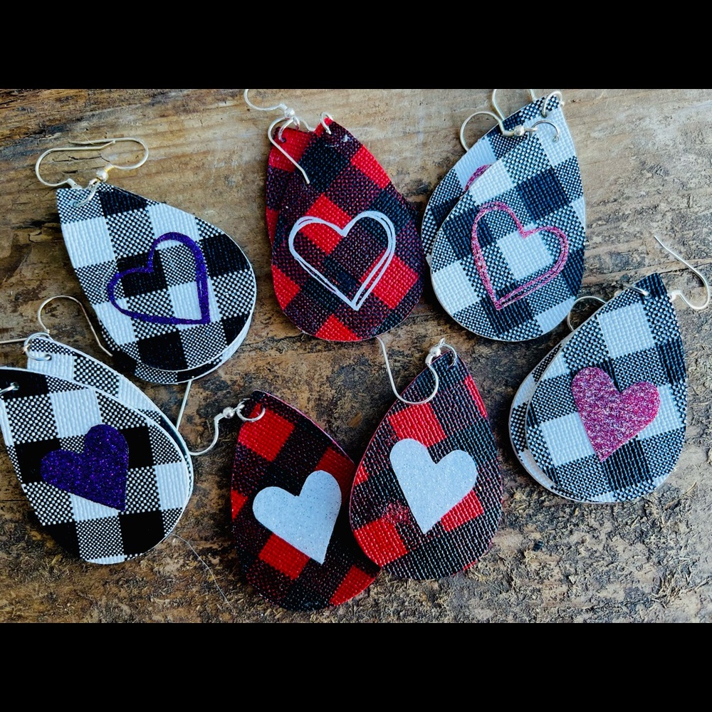 Earrings! $8. Hearts. Buffalo check. Choice of color. style. Handmade in Mn.